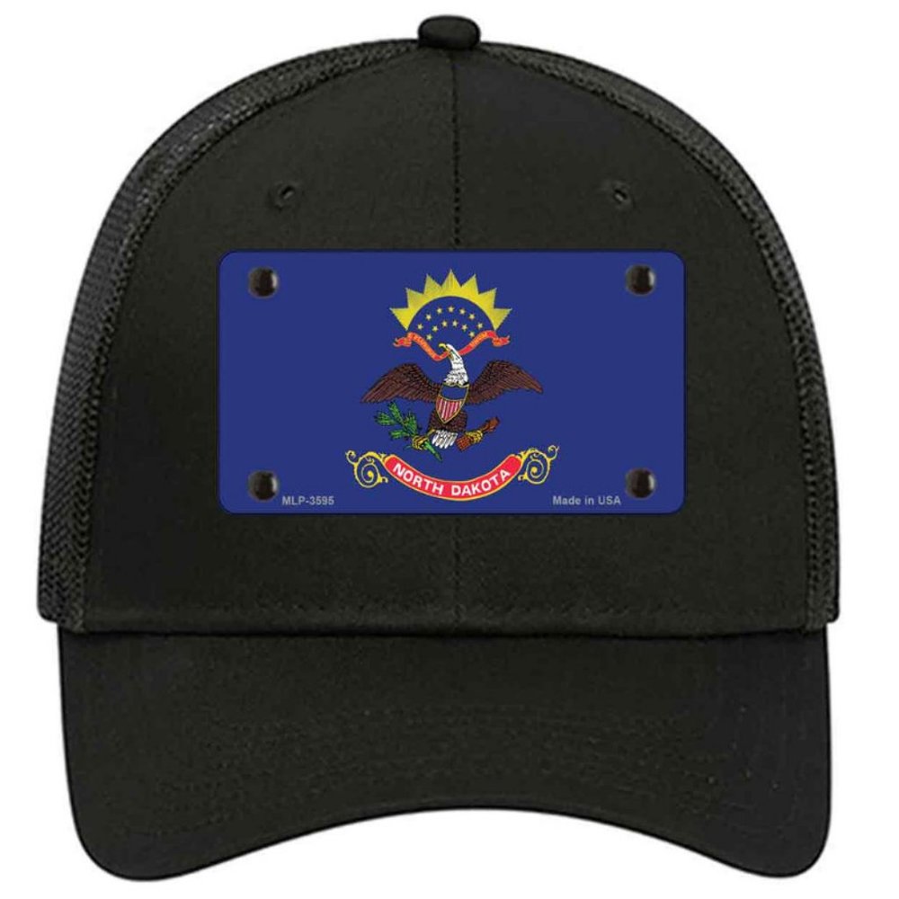 North Dakota Flag Metal on Trucker Mesh Snapback Hat - Black